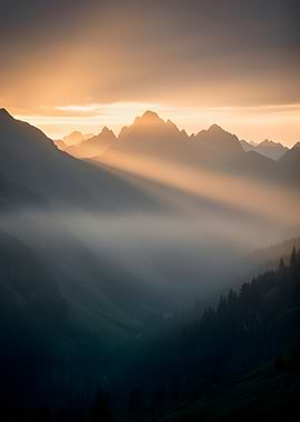 Misty Mountain Sunrise with Sunbeams