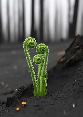 Fern unfurling in dark soil