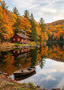 Autumn Cabin Reflection on Lake