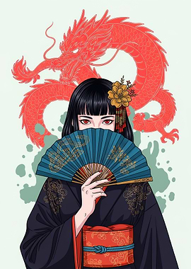 Woman in Kimono with Dragon and Fan