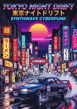 Tokyo Night Drift Synthwave Art