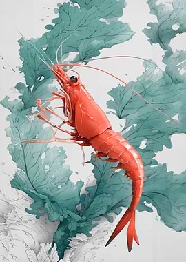 Red Shrimp Amidst Teal Seaweed