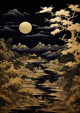 Golden Asian Landscape Under the Moon