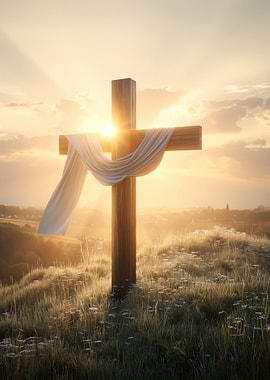 Wooden Cross with Drape at Sunrise