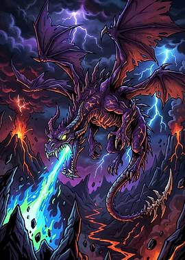 Dragon Breathing Fire in Volcanic Landscape