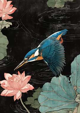 Kingfisher Diving into Lotus Pond