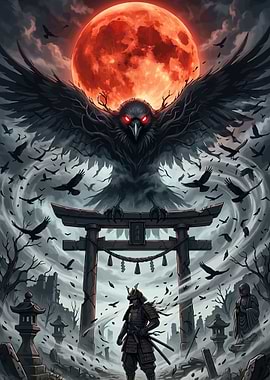 Samurai Under a Blood Moon with Giant Crow