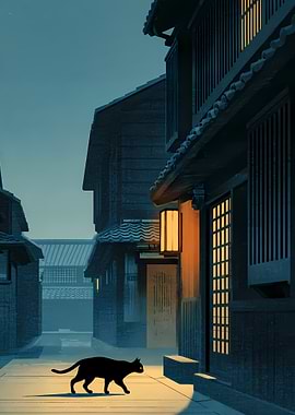 Black cat in a Japanese alley at night