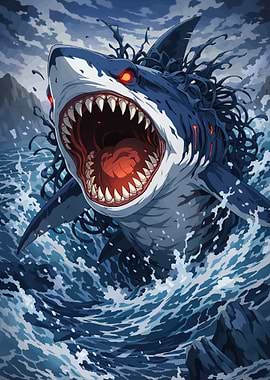 Fierce Shark Emerging from Water