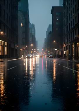 Rainy City Street at Night
