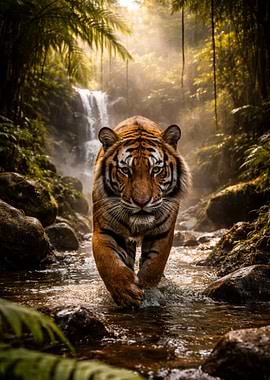 Tiger walking through a jungle stream