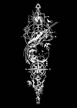 Geometric Sea Turtle and Compass Tattoo Design