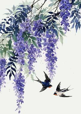 Wisteria and Swallows
