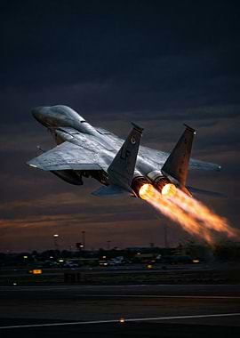 F-15 Eagle Jet Taking Off at Night