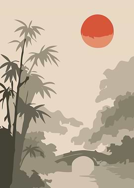 Japanese Landscape with Sun and Bridge Bamboo