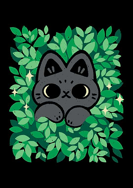 Cute Black Cat Peeking Through Green Leaves