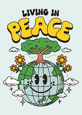 Living in Peace Poster, Cute Earth Illustration Wall Art, Retro Positive Vibes Print
