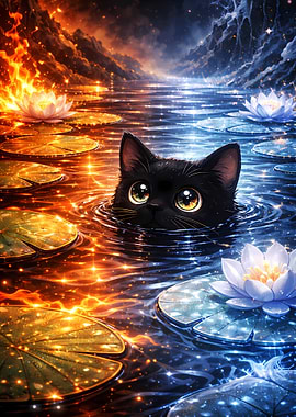Black Cat in a Magical Pond