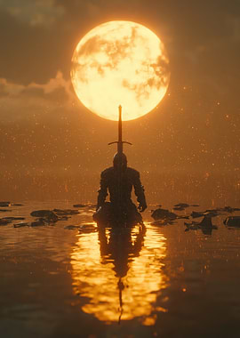 Knight Kneeling Before a Giant Moon
