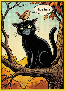 Cat and Bird in Autumn Tree