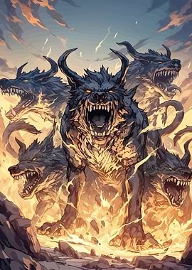 Mythological Hellhounds in Fire