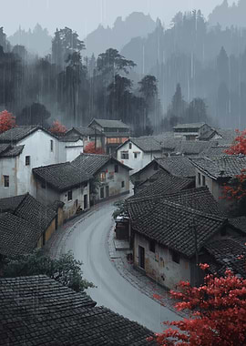Rainy Village in Mountains