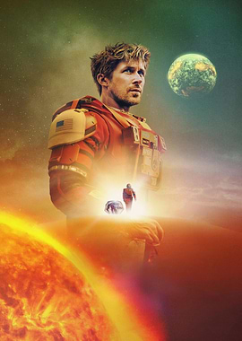 Astronaut in Space with Sun and Planet