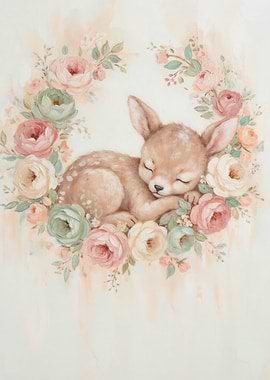 Sleeping Fawn Surrounded by Flowers