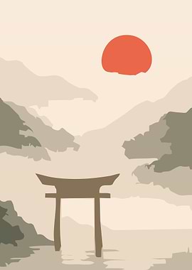 Japanese Torii Gate at Sunrise