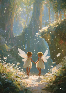 Two Fairies Holding Hands in Enchanted Forest
