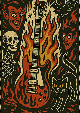 Hellish Guitar with Devils and Cat