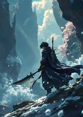 Anime warrior in snowy mountains
