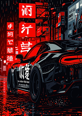 Cyberpunk Car in Rainy City