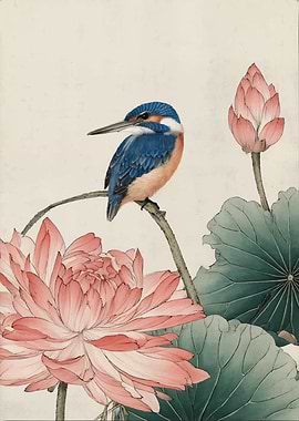Kingfisher on Lotus Branch