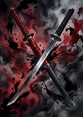 Crossed Katana Swords with Red and Black Smoke