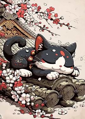 Cute Cat Sleeping Among Cherry Blossoms