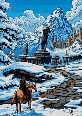 Rider approaches snowy mountain fortress
