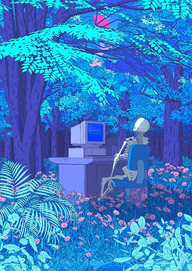 Skeleton at Computer in Forest