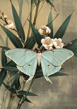 Luna Moth on Bamboo and Blossoms