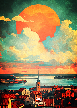 Oulu Finland Vintage Travel Poster