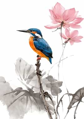 Kingfisher on Lotus Branch