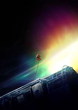 Astronaut tethered to spacecraft in space