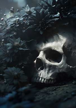 Skull Adorned with Dark Flowers