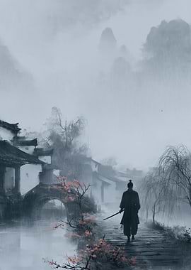 Samurai Walking in the Rain