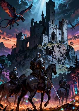 Knights Approaching a Castle with Dragons