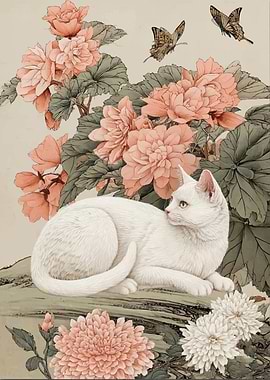 White Cat with Flowers and Butterflies