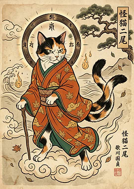 Japanese Cat Spirit in Kimono