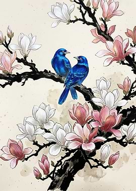 Two Blue Birds on a Magnolia Branch