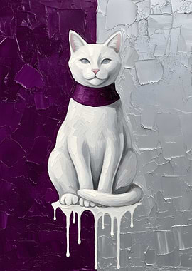 White Cat with Purple Scarf Cat Lover Wall Art