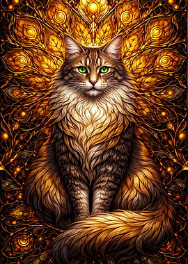 Majestic Cat with Golden Peacock Background